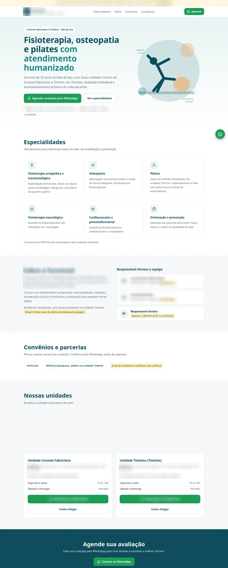 Clínica de fisioterapia e osteopatia (demonstração), página inicial com nome e contatos ocultados