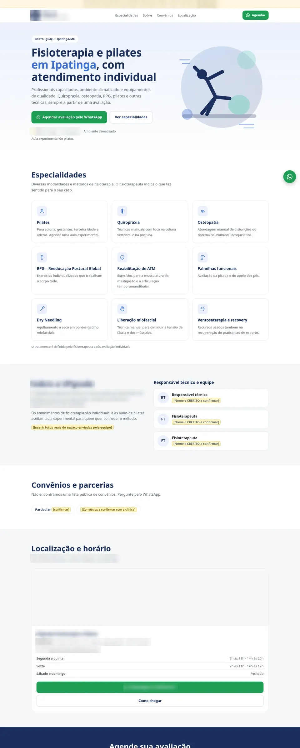Clínica de fisioterapia e pilates (demonstração), página inicial com nome e contatos ocultados