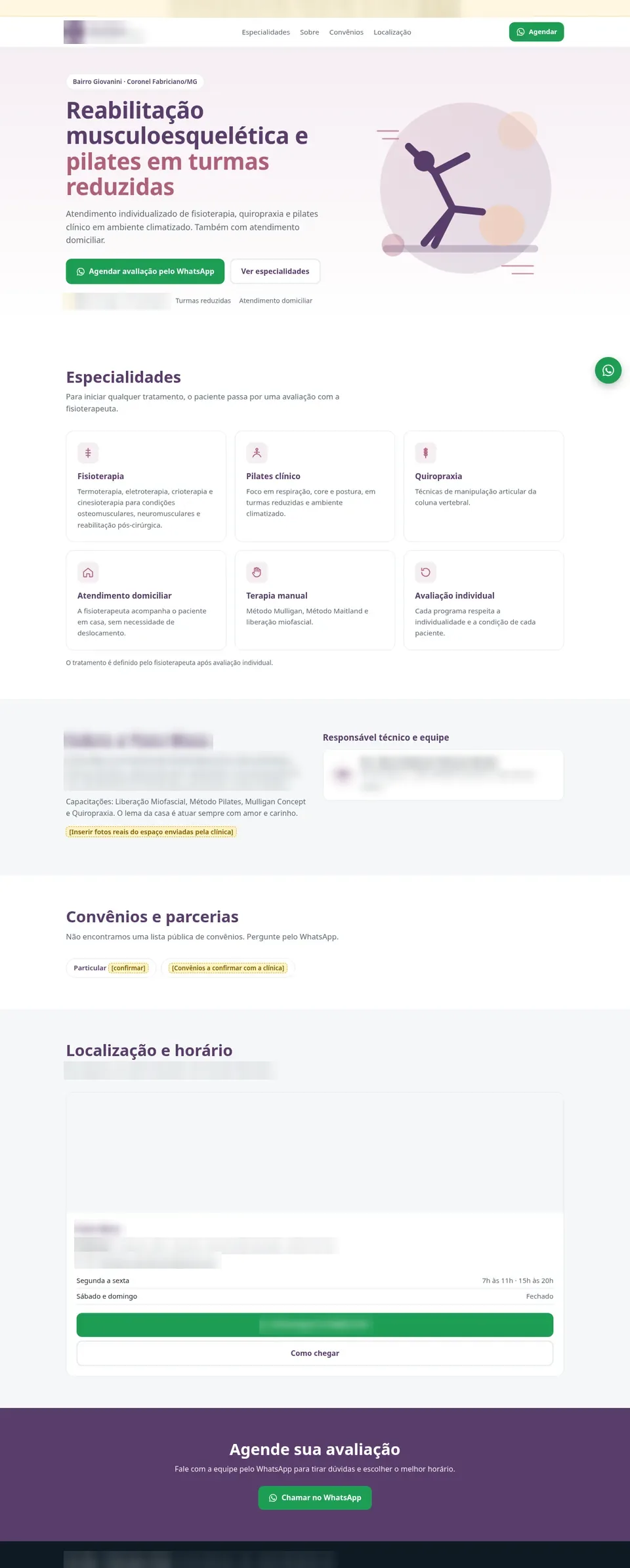 Clínica de reabilitação e pilates (demonstração), página inicial com nome e contatos ocultados